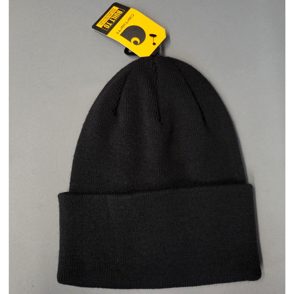 Carhartt Hat Beanie Fitted Mens One Size Black Knit Cuff Patch Logo Workwear - Picture 4 of 5